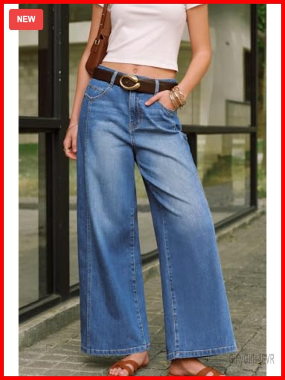 Cotton Blend High Rise Wide Leg Stretchy Denim Jeans with Contrast Seams - Picture 2 of 7